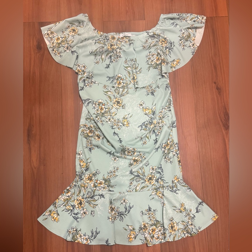 5/$25 Floral Baby Blue Maternity Off the Shoulder Ruffle Hem Dress